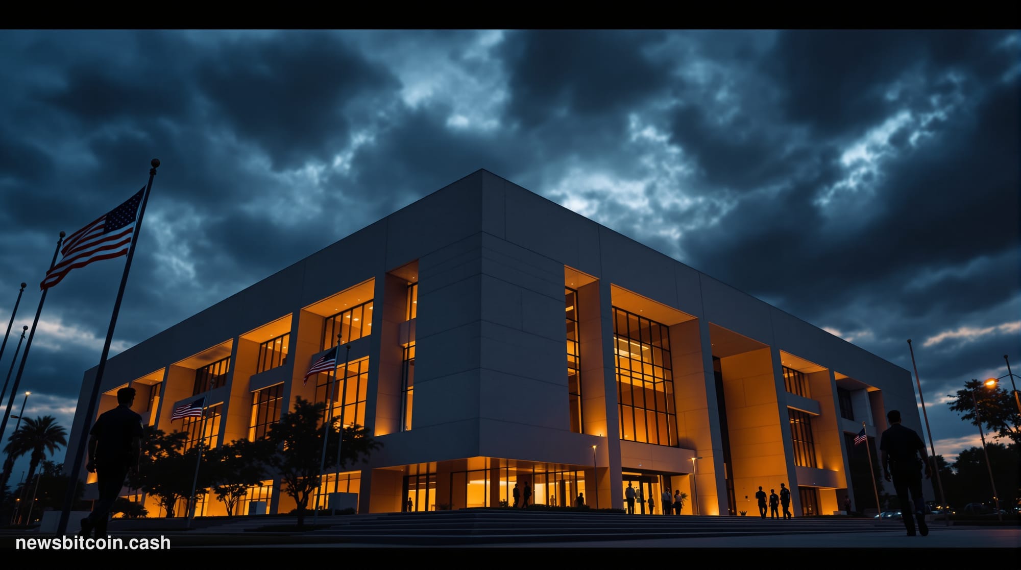 A cinematic photorealistic editorial photograph showing the exterior of a modern federal courthouse in California at dusk, wi