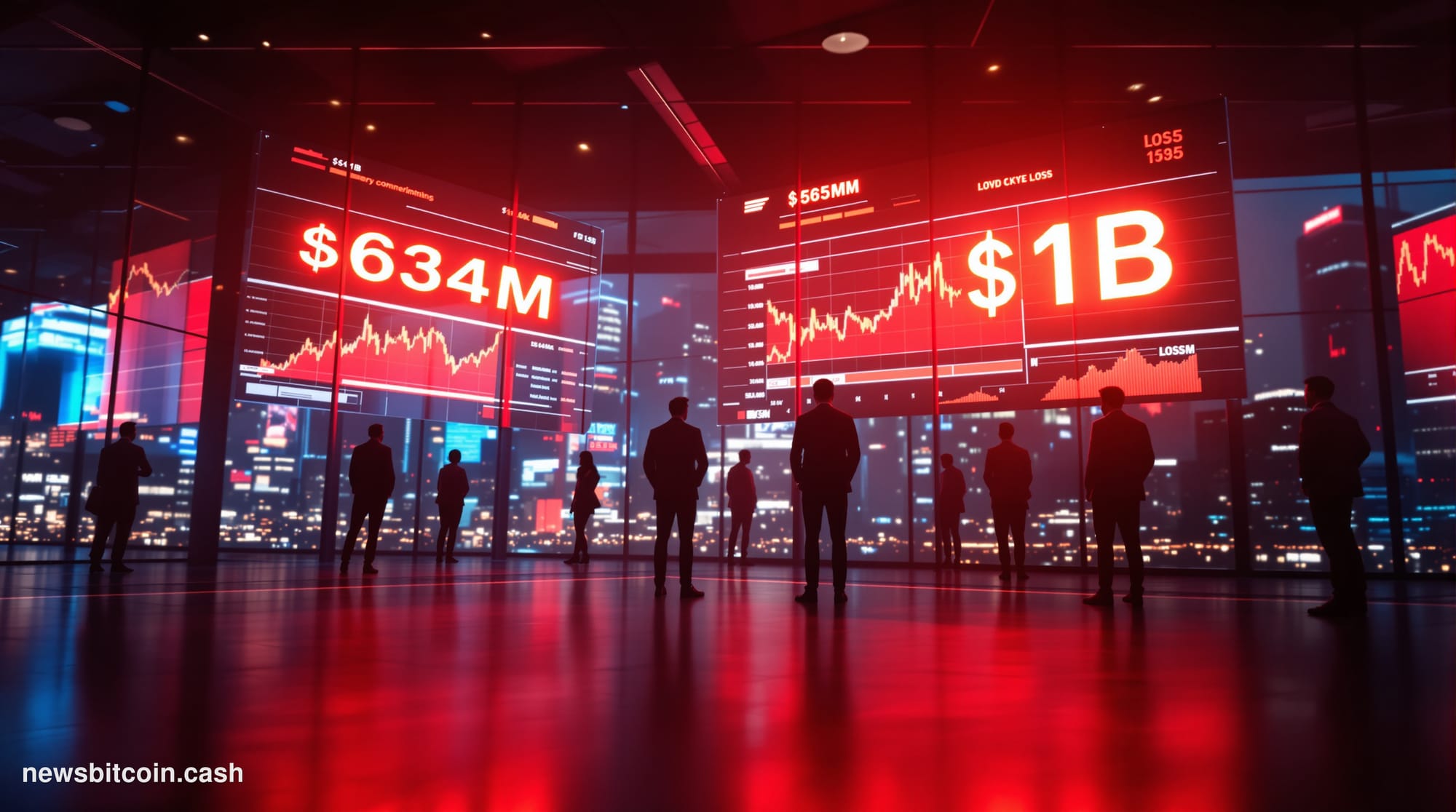 A cinematic photorealistic editorial photograph showing a modern glass-walled trading floor or fintech office space with mult