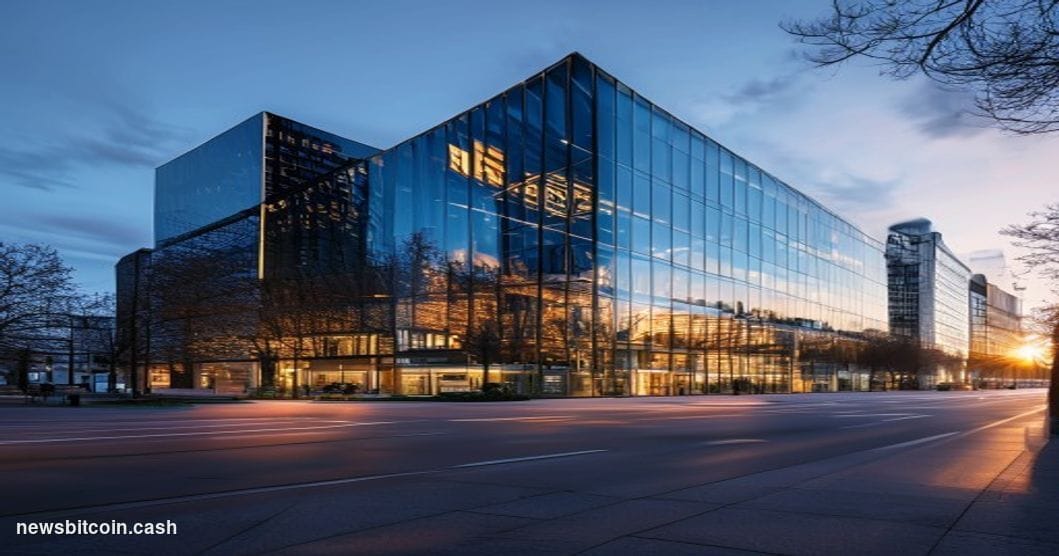 A cinematic photorealistic editorial photograph showing the exterior of Nasdaq's modern glass headquarters building in Stockh