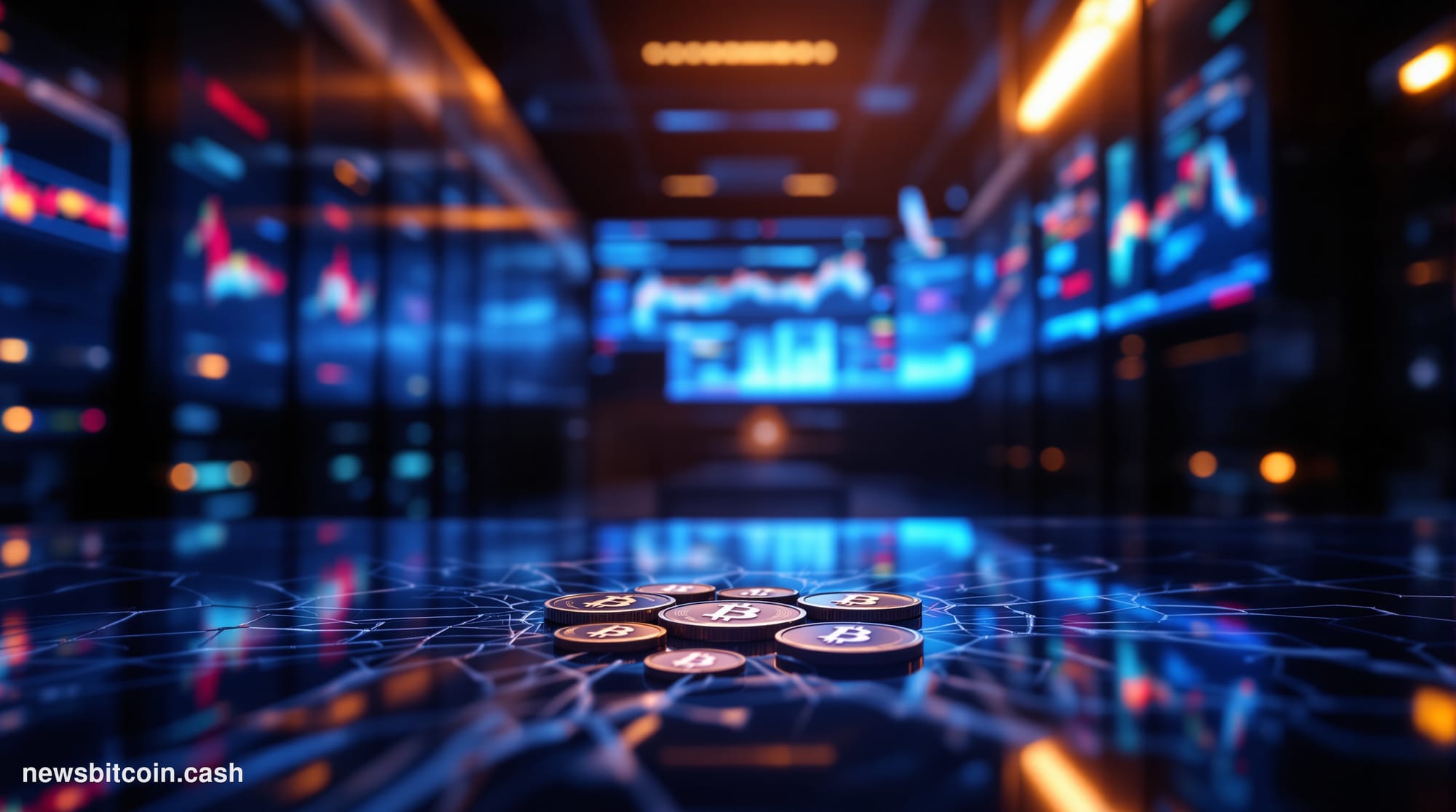 Cinematic photorealistic editorial photograph of a sleek trading terminal displaying real-time market data in neon blues and 