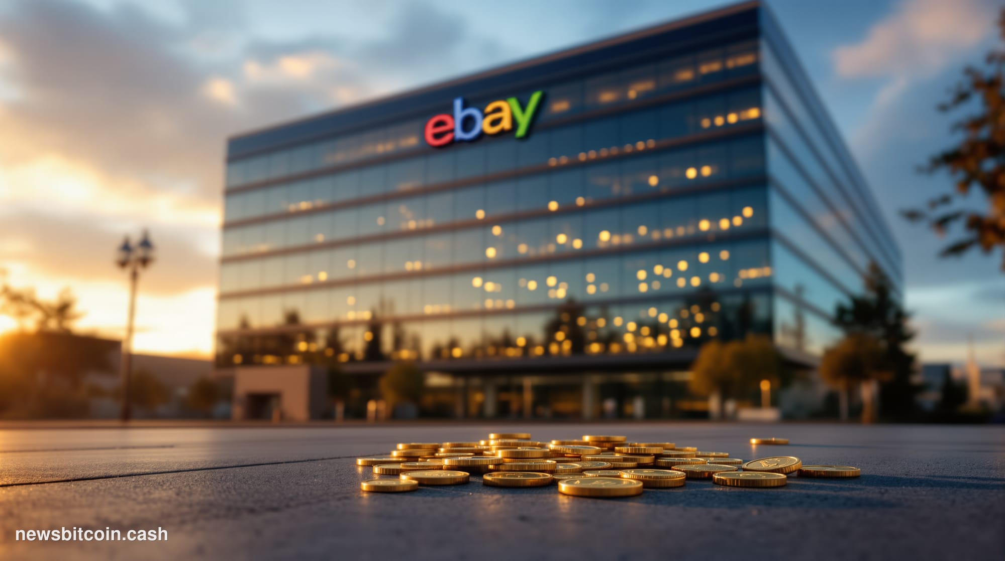 A cinematic photorealistic editorial photograph of eBay's corporate headquarters in San Jose, California, shot during golden 