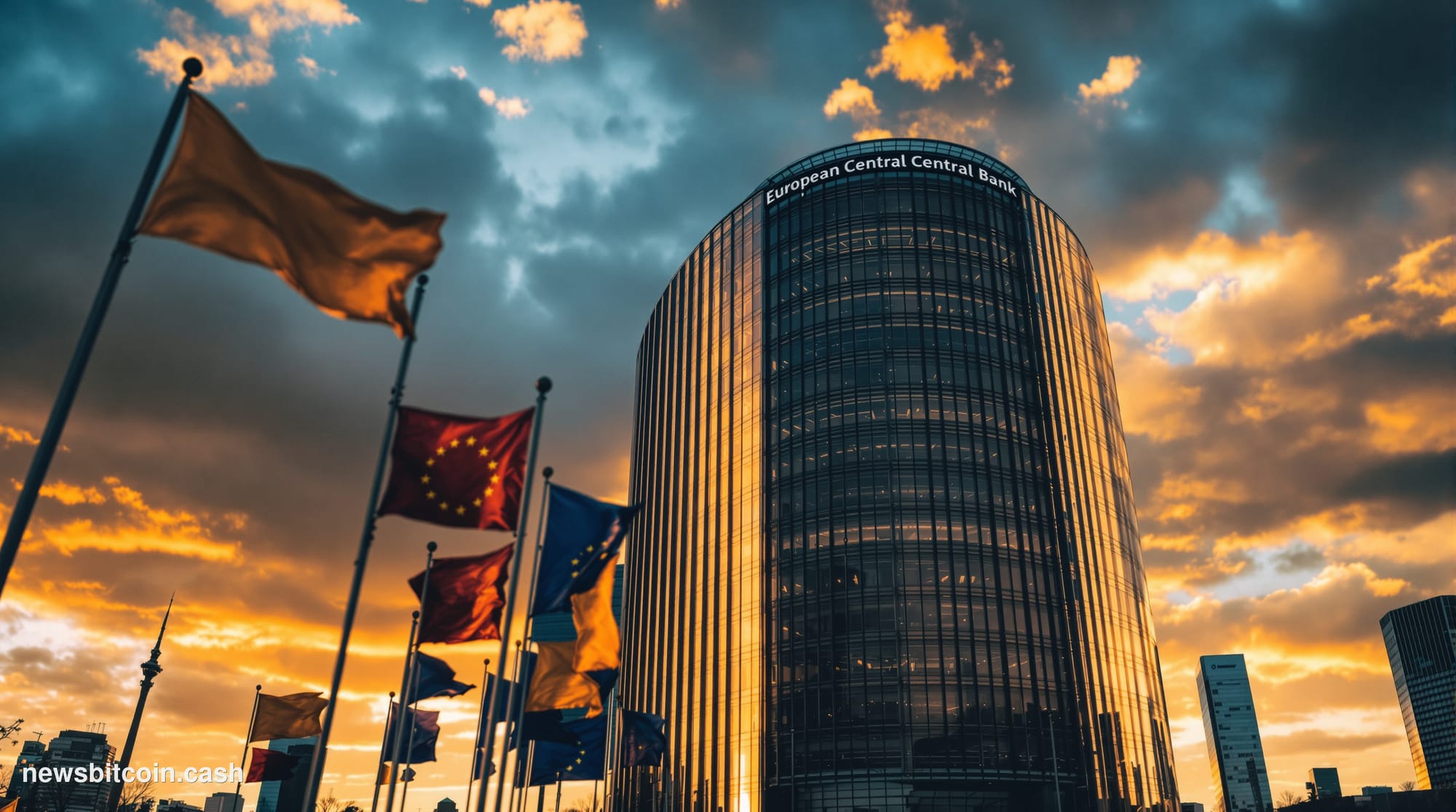 A dramatic cinematic photograph of the European Central Bank headquarters in Frankfurt, Germany, shot from a low angle during