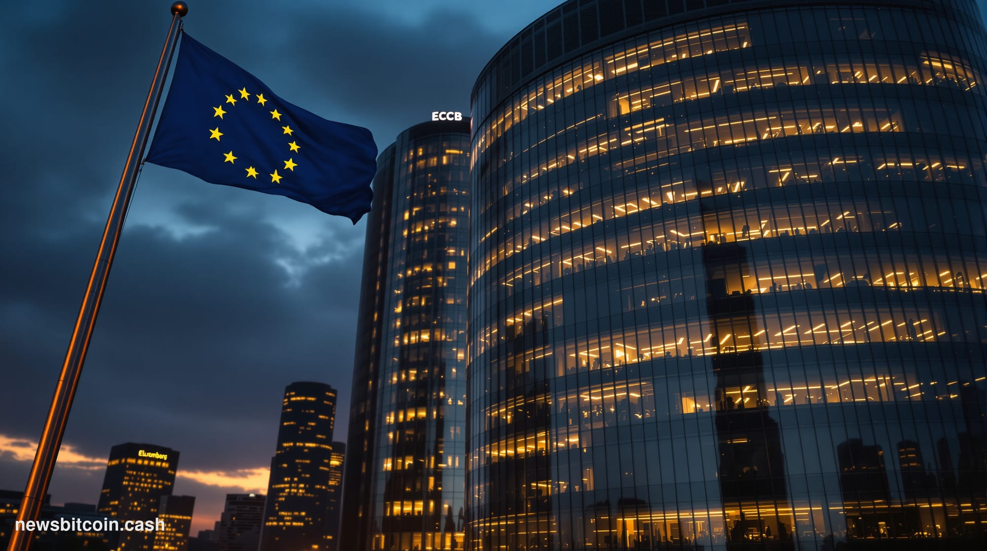 Cinematic photorealistic editorial photograph of the European Central Bank headquarters in Frankfurt, Germany, captured durin