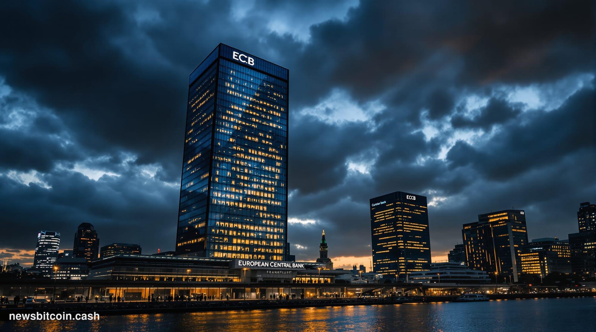 Cinematic photorealistic editorial photograph of the European Central Bank headquarters in Frankfurt, Germany at dusk with dr