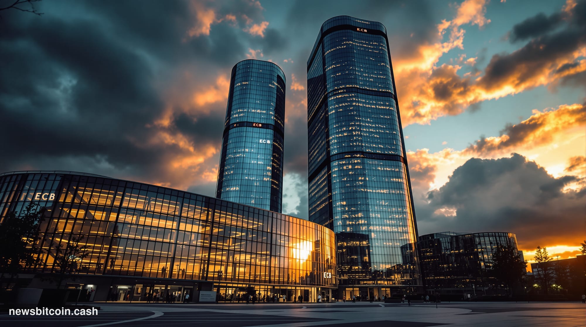 A cinematic photorealistic editorial photograph of the European Central Bank headquarters in Frankfurt, Germany, captured dur