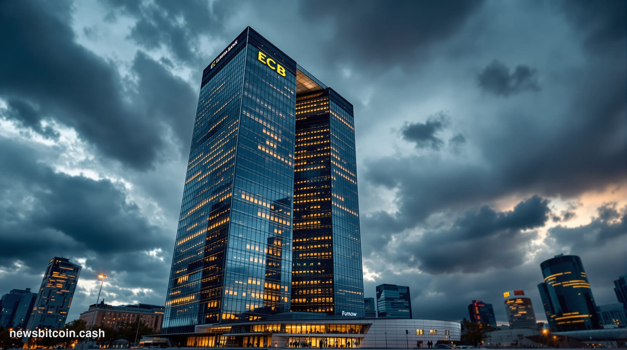 A cinematic photorealistic editorial photograph of the European Central Bank headquarters in Frankfurt, Germany, captured fro