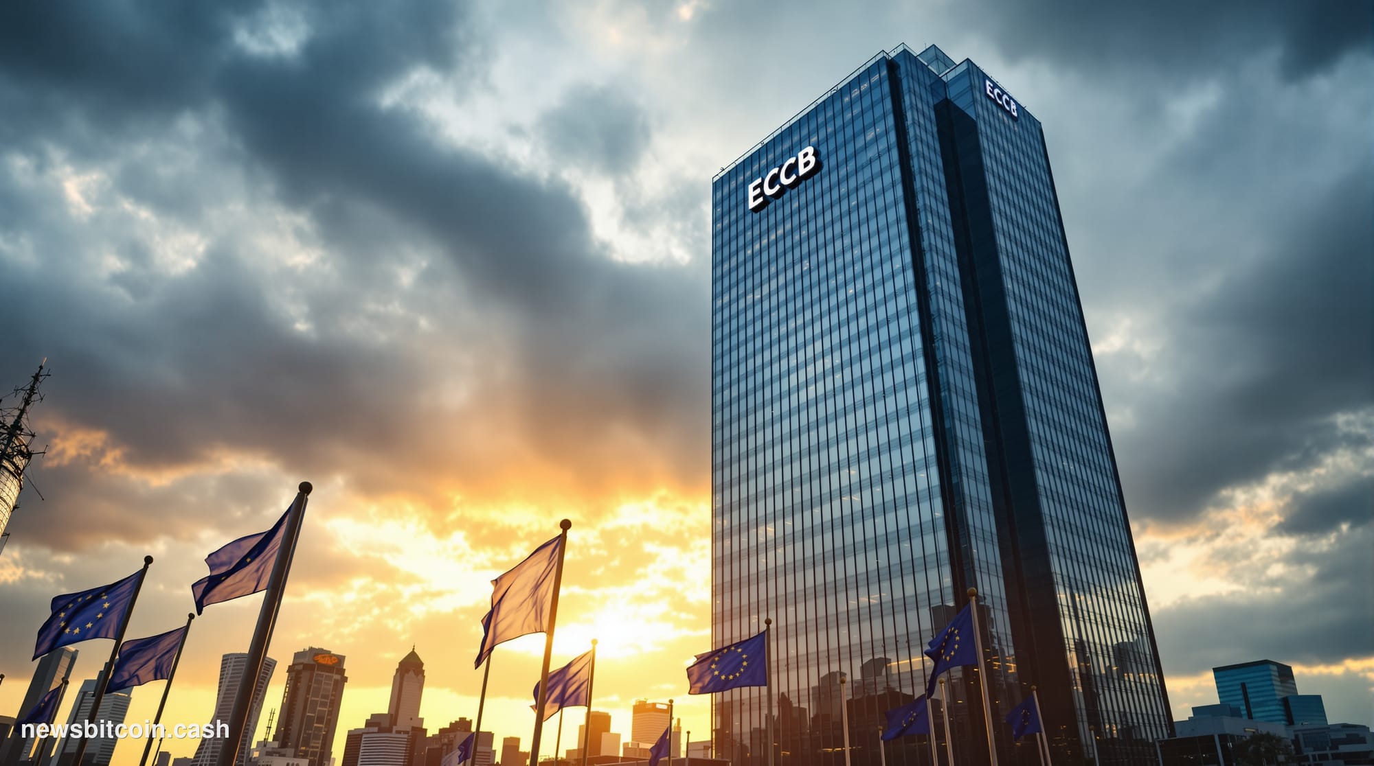 A cinematic photorealistic editorial photograph showing the imposing European Central Bank headquarters in Frankfurt, Germany