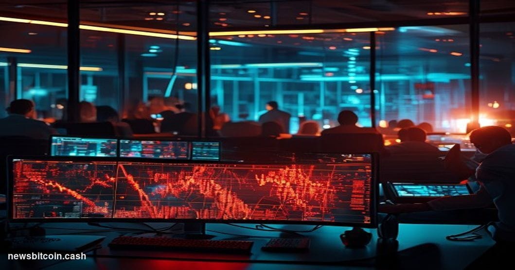 A cinematic photorealistic editorial photograph showing a high-tech cryptocurrency trading floor or blockchain development of