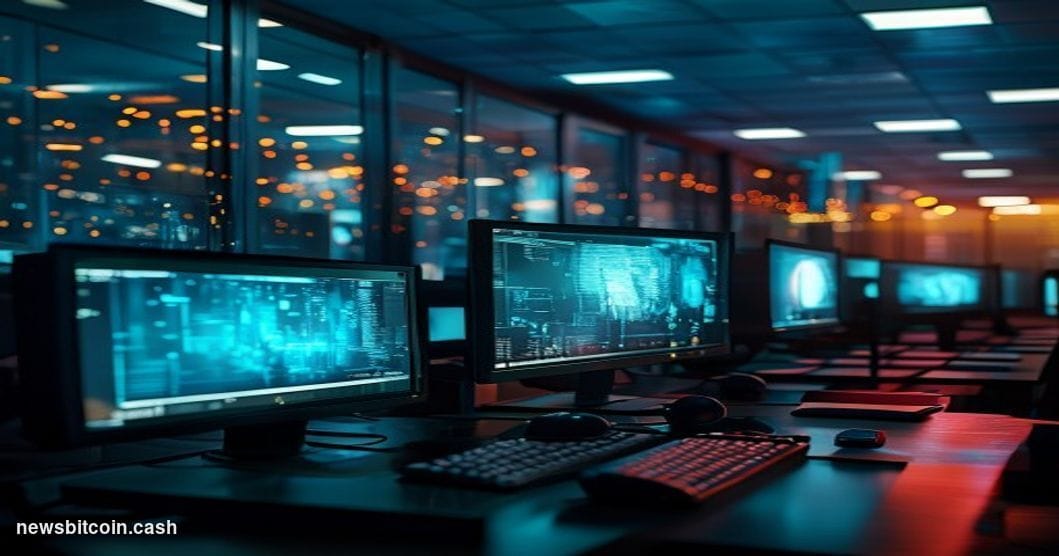 A cinematic photorealistic editorial photograph showing a darkened cryptocurrency trading floor or blockchain security operat