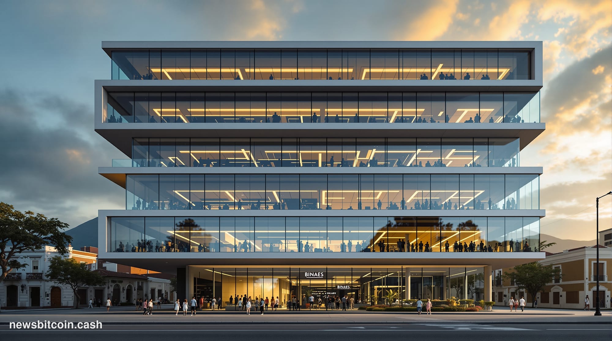 A cinematic photorealistic editorial photograph of a striking modern seven-story library building in San Salvador, El Salvado