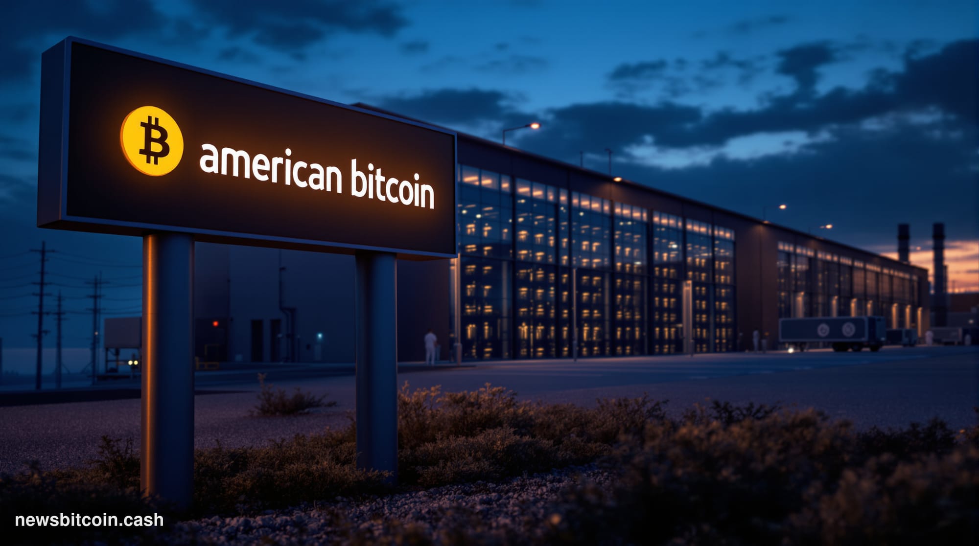A cinematic photorealistic editorial photograph of a modern Bitcoin mining facility exterior at dusk, with rows of industrial