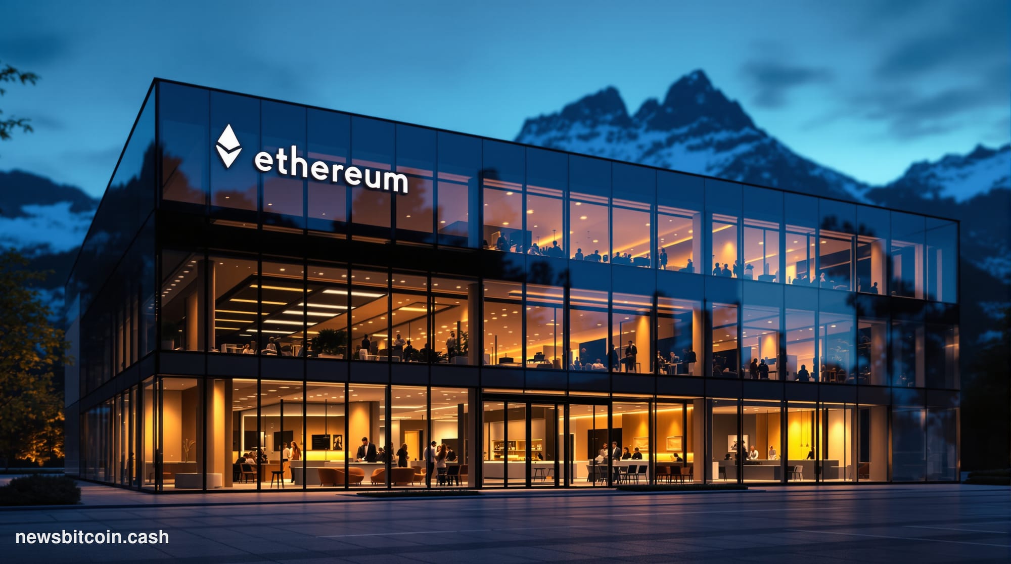 A cinematic photorealistic editorial photograph of the Ethereum Foundation headquarters building in Zug, Switzerland, with dr