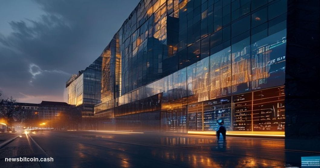 A cinematic photorealistic editorial photograph showing the European Parliament building in Brussels at dusk, with dramatic g