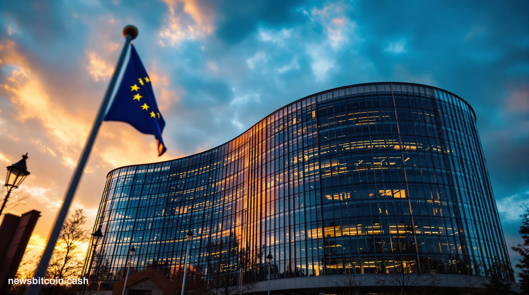 A cinematic photorealistic editorial photograph of the European Commission headquarters building in Brussels, Belgium, shot d