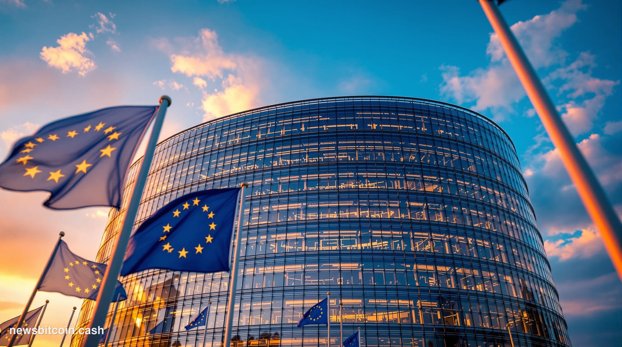 A cinematic photorealistic editorial photograph of the European Commission headquarters in Brussels, Belgium, shot from a low