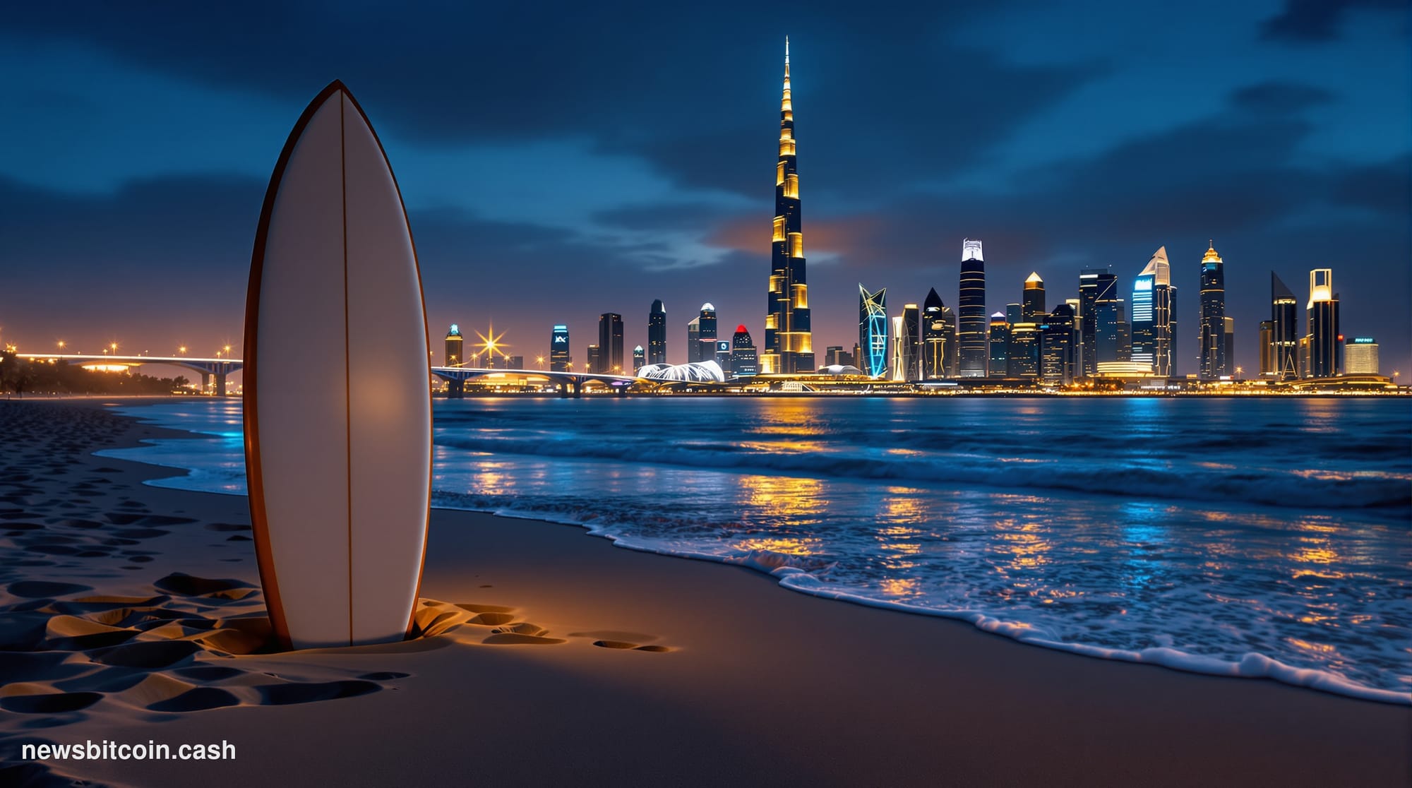 Cinematic photorealistic editorial photograph showing Dubai's iconic skyline at dusk with the Burj Khalifa prominently featur