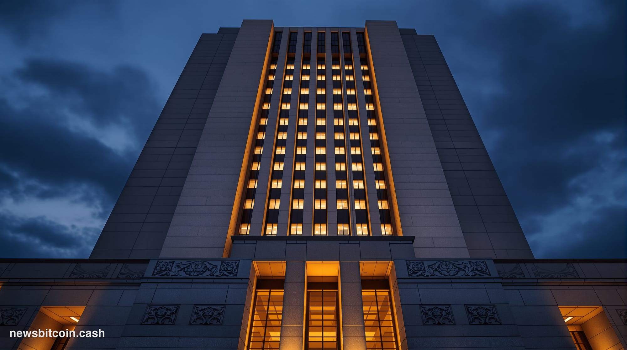 A cinematic photorealistic editorial photograph of the FBI headquarters building in Washington D.C. at dusk, with dramatic wa
