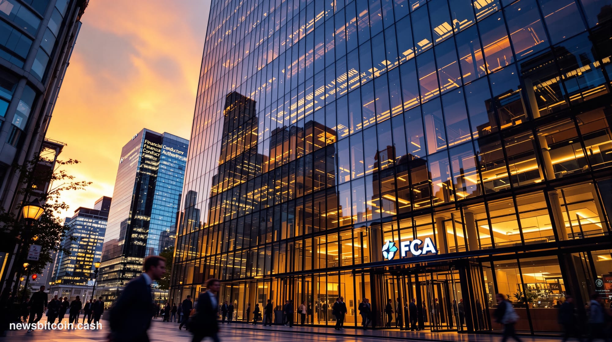 A cinematic photorealistic editorial photograph showing the imposing glass and steel facade of the Financial Conduct Authorit