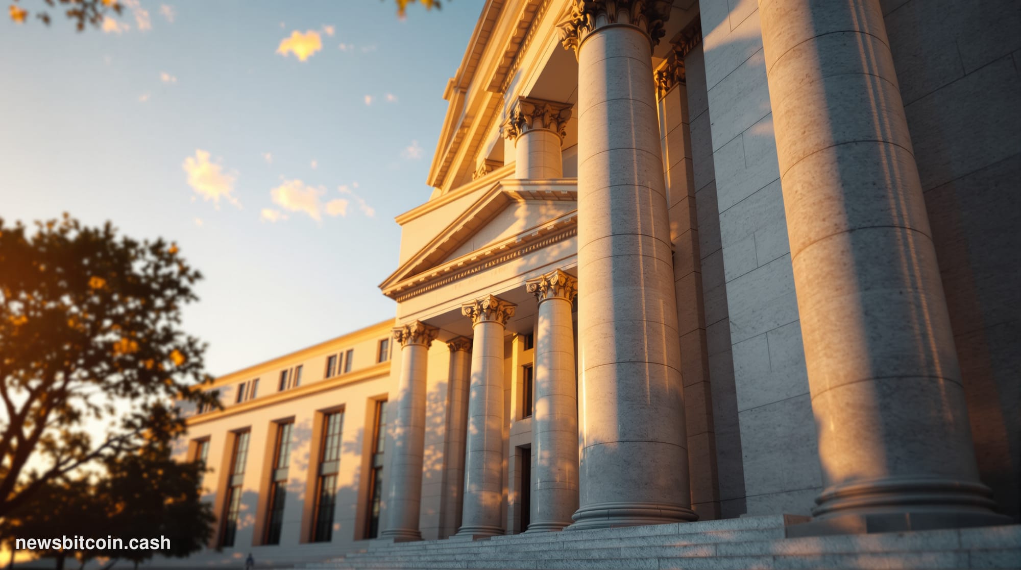 Cinematic photorealistic editorial photograph of the Federal Reserve building's iconic neoclassical facade in Washington D.C.