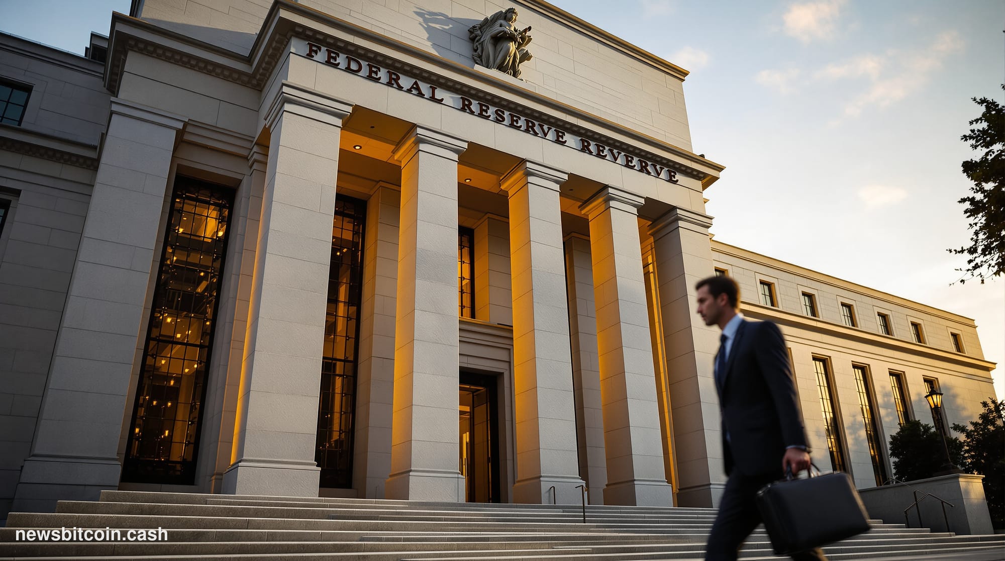 Cinematic photorealistic editorial photograph of the Federal Reserve building in Washington D.C., shot from a low angle to em