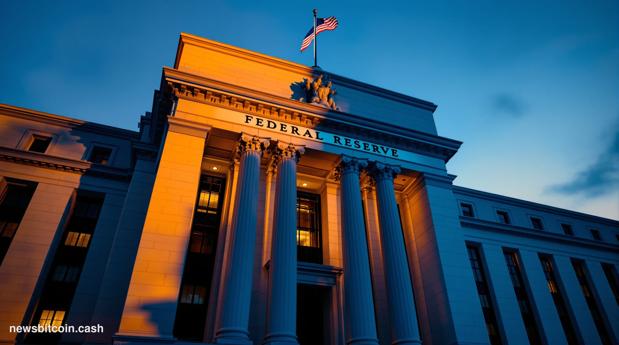 A dramatic cinematic photograph of the Federal Reserve building's iconic neoclassical facade in Washington DC, captured durin