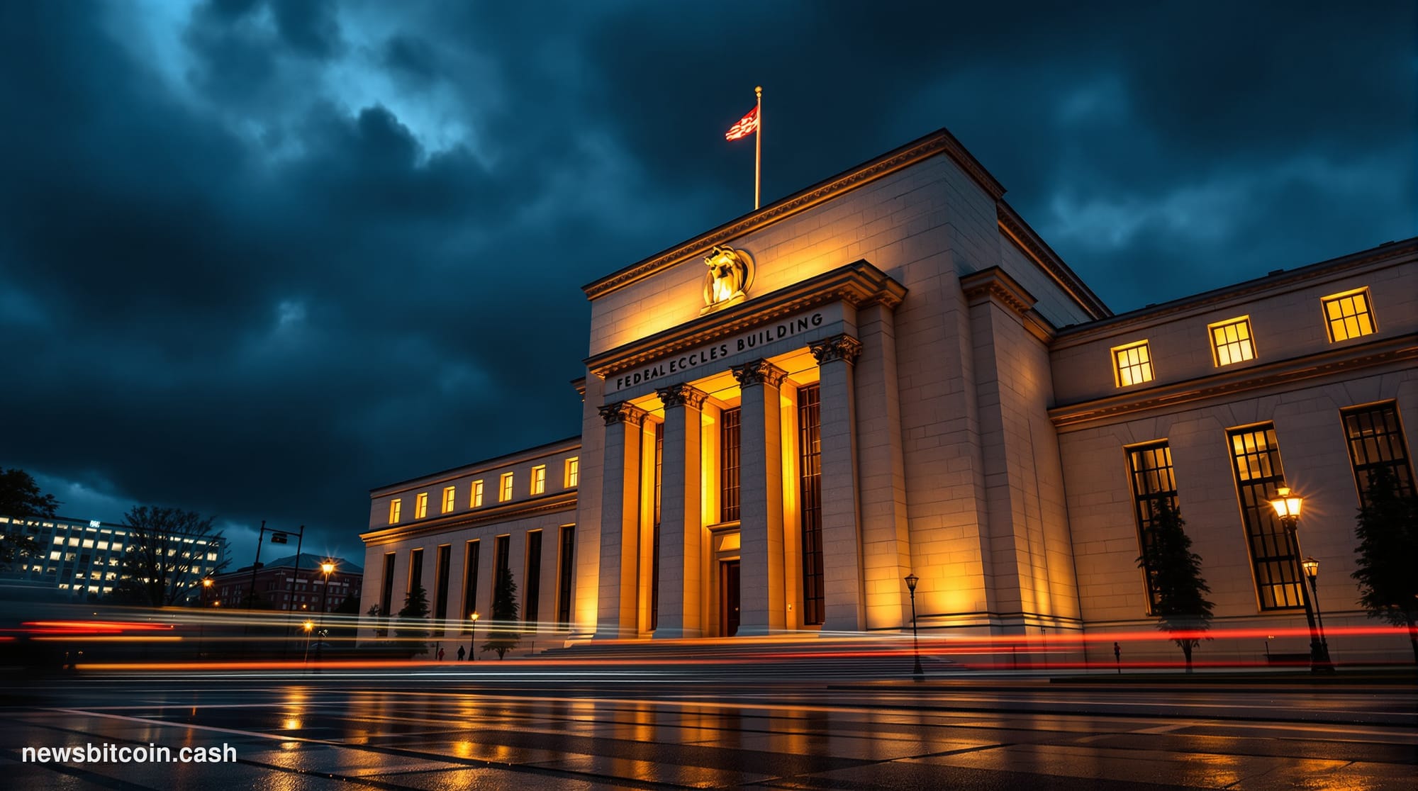 Cinematic photorealistic editorial photograph of the Federal Reserve Building (Eccles Building) in Washington DC at dusk, sho