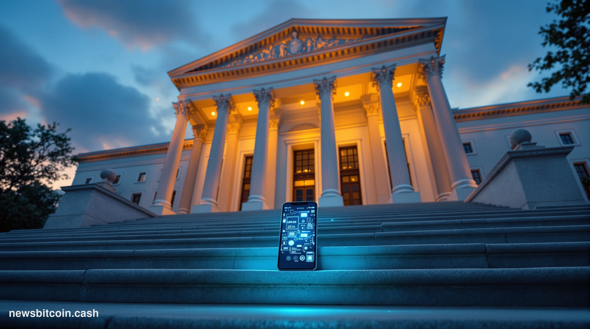 A cinematic photorealistic editorial photograph of the Federal Reserve headquarters in Washington DC, shot from a low angle e