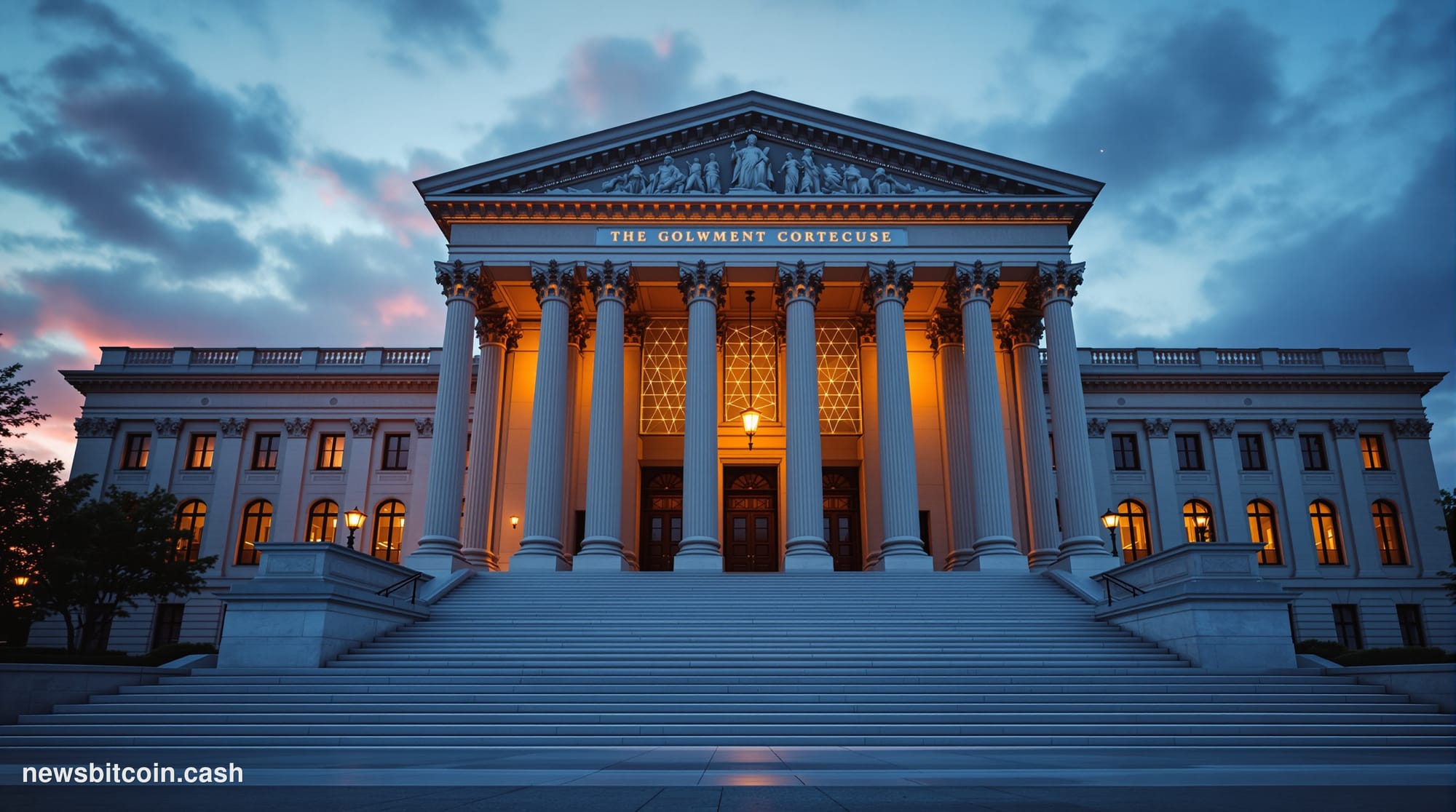 A cinematic photorealistic editorial photograph of the Federal Reserve headquarters building in Washington D.C., captured dur