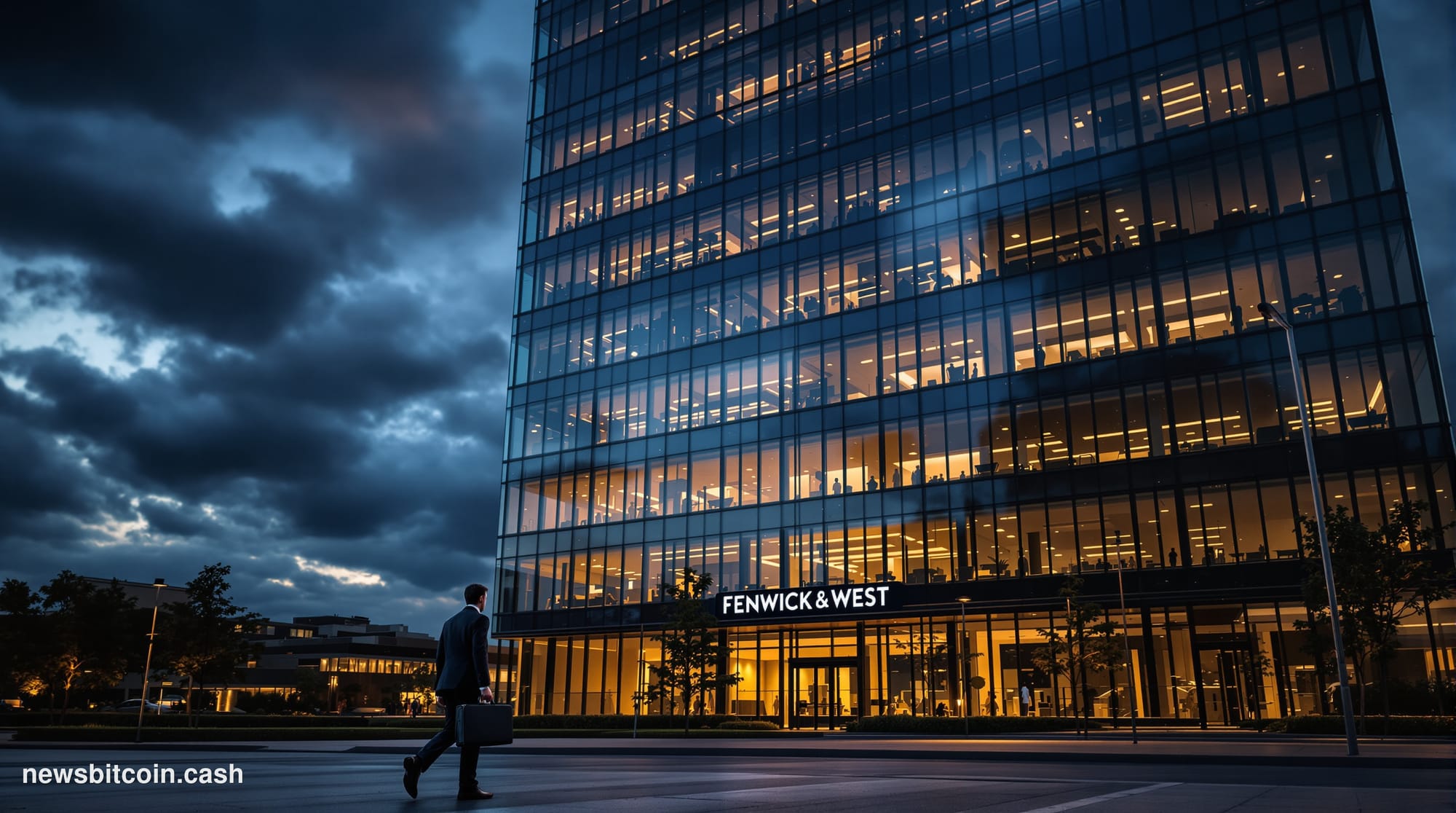 A cinematic photorealistic editorial photograph of Fenwick & West's Silicon Valley law office exterior at dusk, with the firm