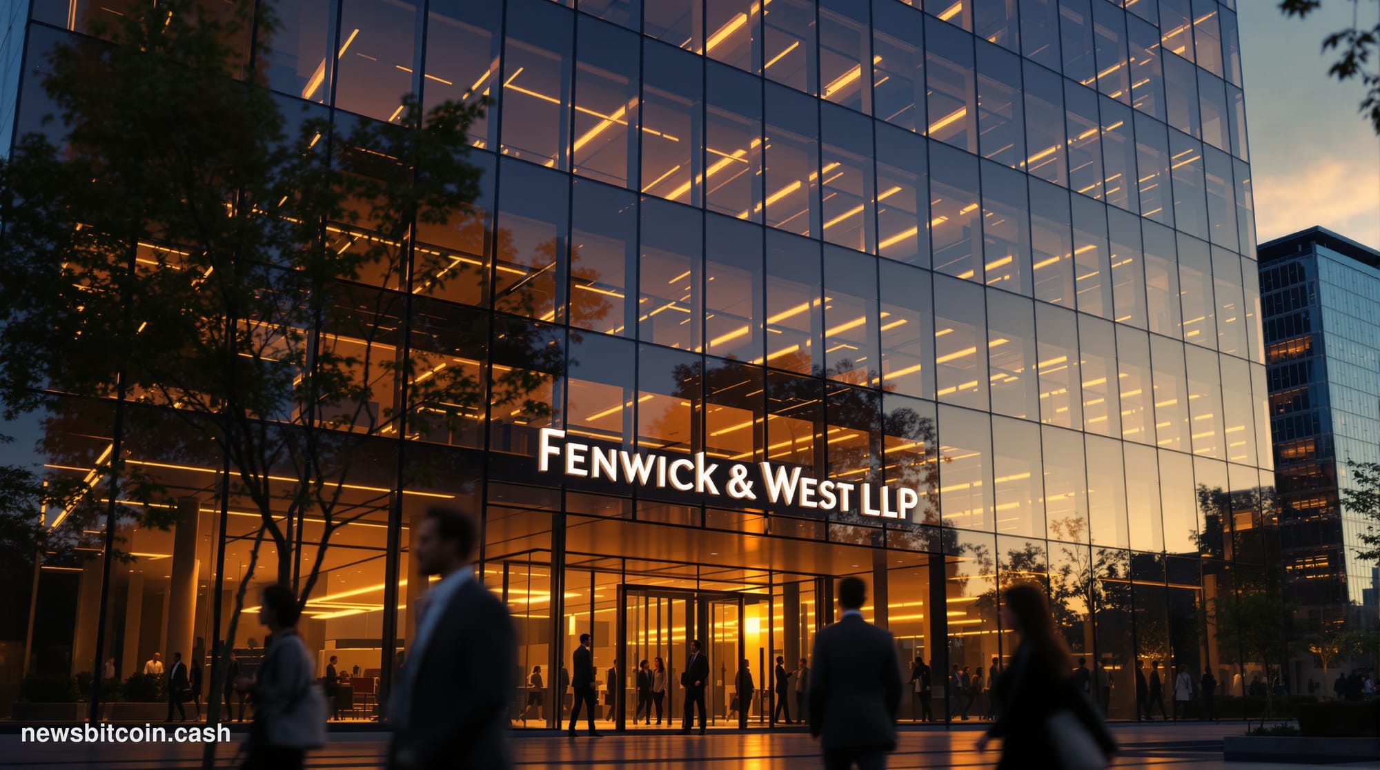 Cinematic photorealistic editorial photograph of the imposing glass facade of Fenwick & West's Silicon Valley headquarters in