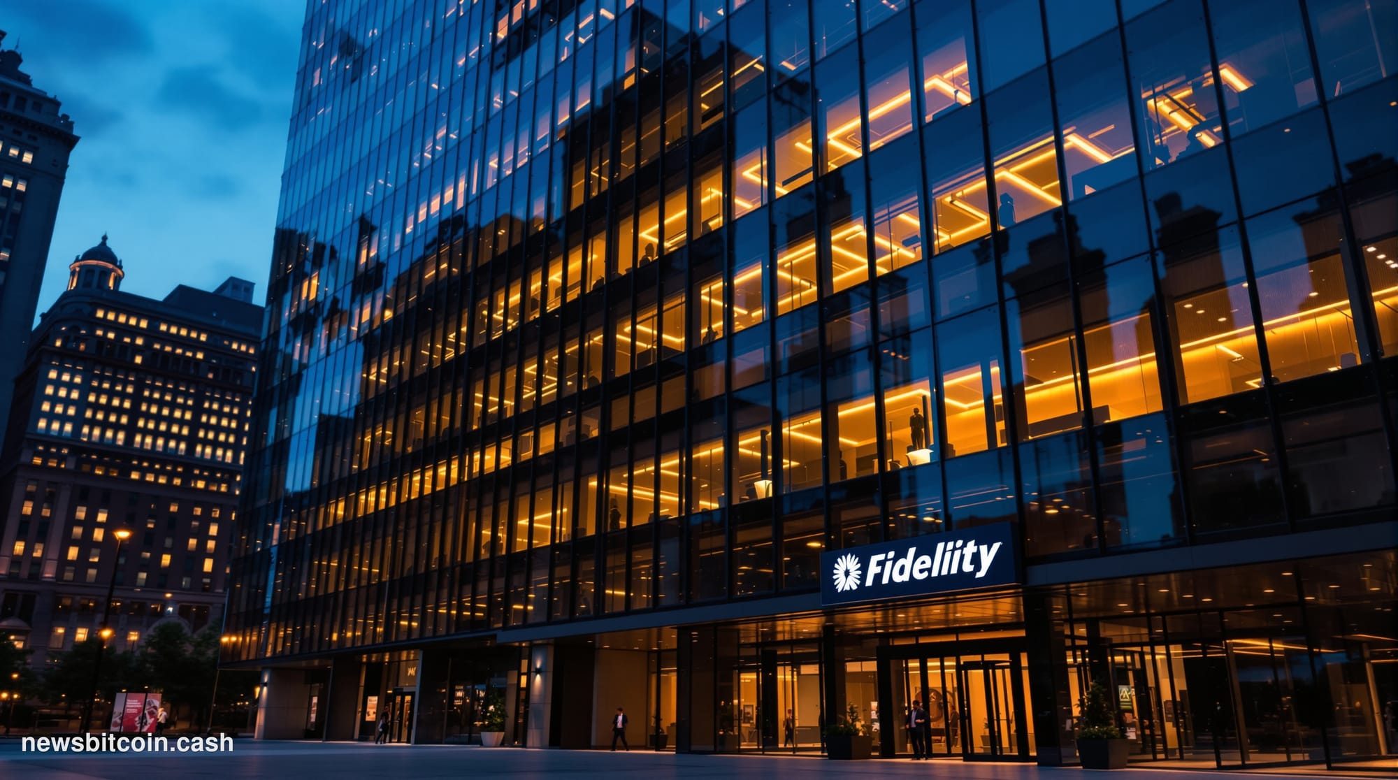 A cinematic photorealistic editorial photograph showing the imposing glass facade of Fidelity's Boston headquarters at dusk, 