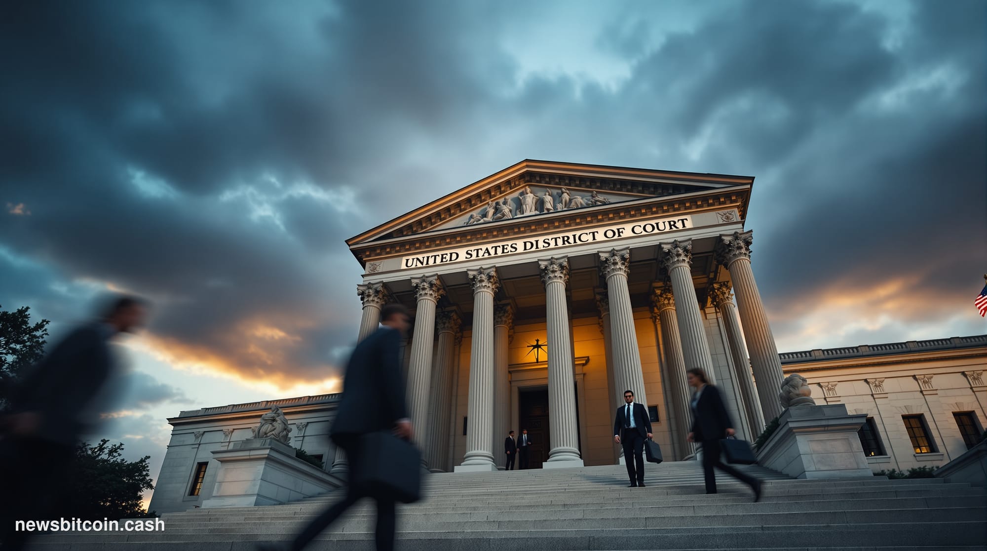 A cinematic photorealistic editorial photograph of the imposing facade of a federal courthouse, shot from a low angle to emph
