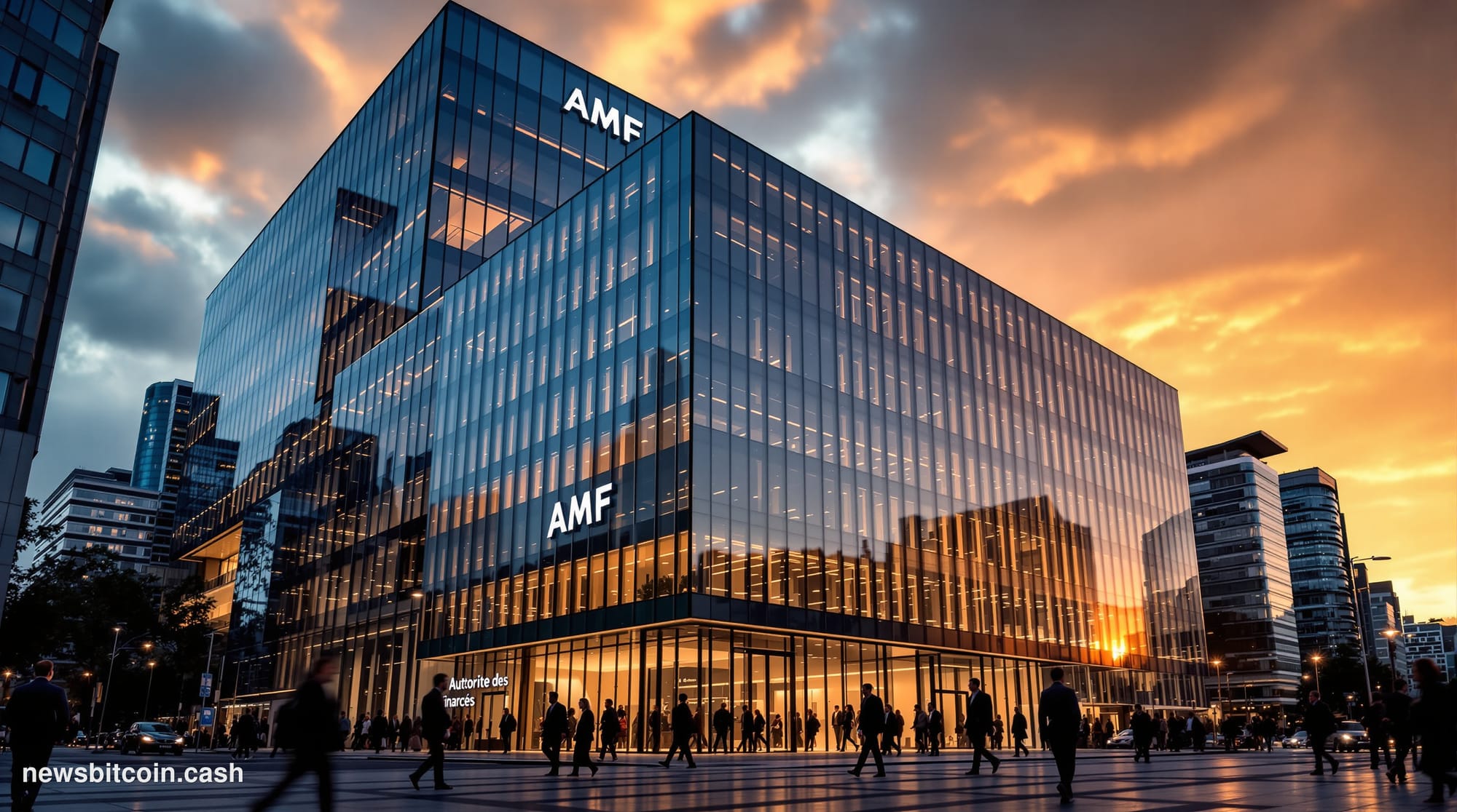 A cinematic photorealistic editorial photograph showing the imposing glass and steel headquarters of France's Autorité des Ma
