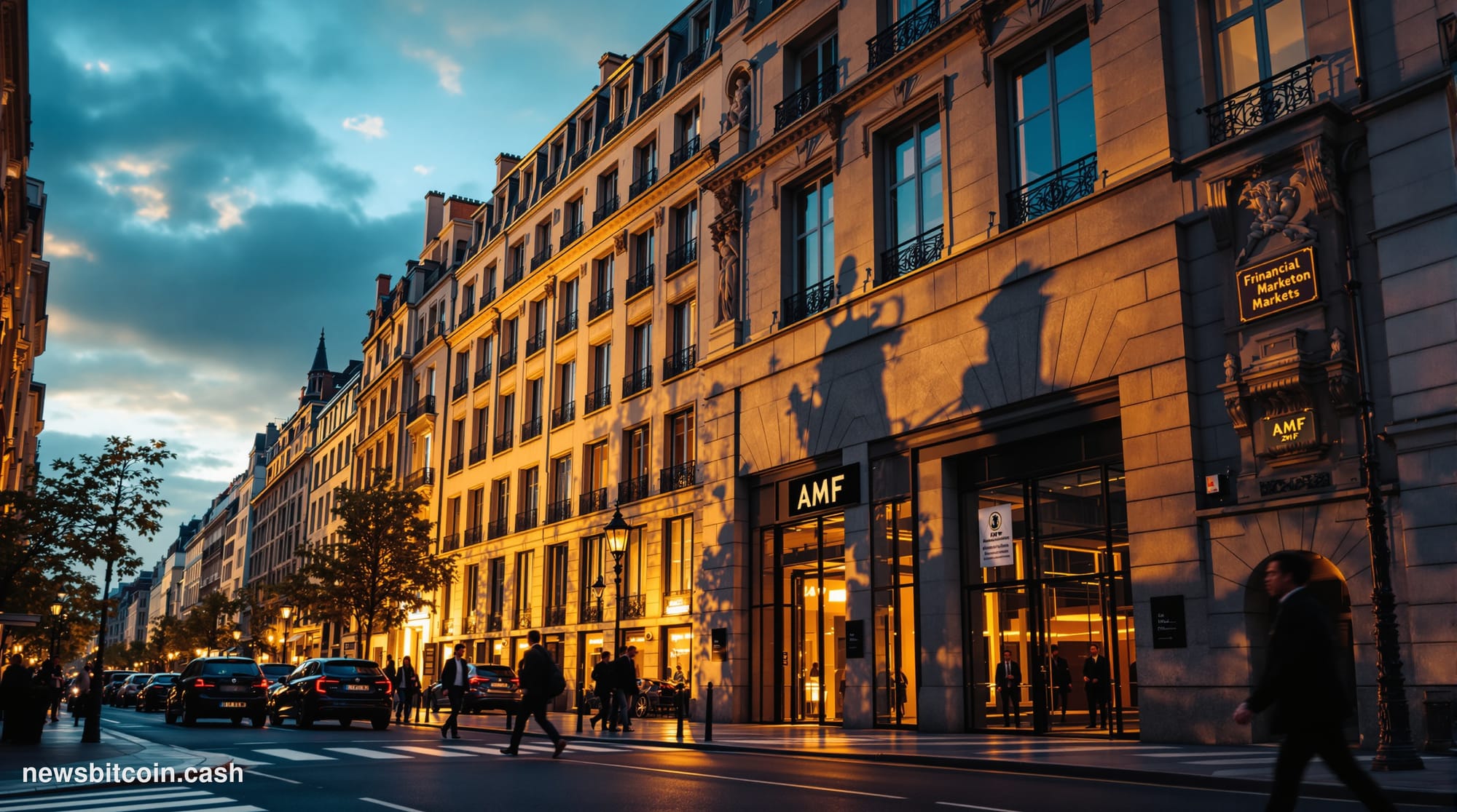 A cinematic photorealistic editorial photograph of the French Financial Markets Authority (AMF) headquarters in Paris, shot f