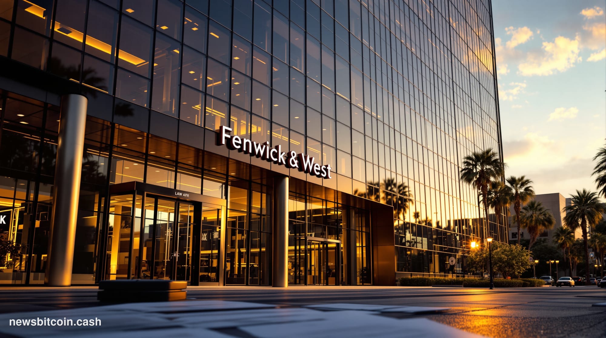 Cinematic photorealistic editorial photograph of the Fenwick & West law firm's imposing glass and steel headquarters building