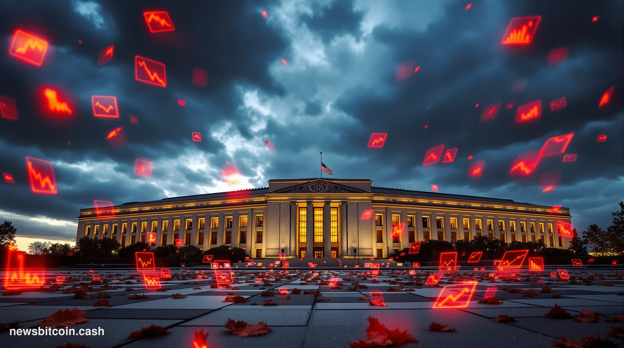 A cinematic photorealistic editorial photograph showing the Pentagon's distinctive five-sided architecture from a low angle d
