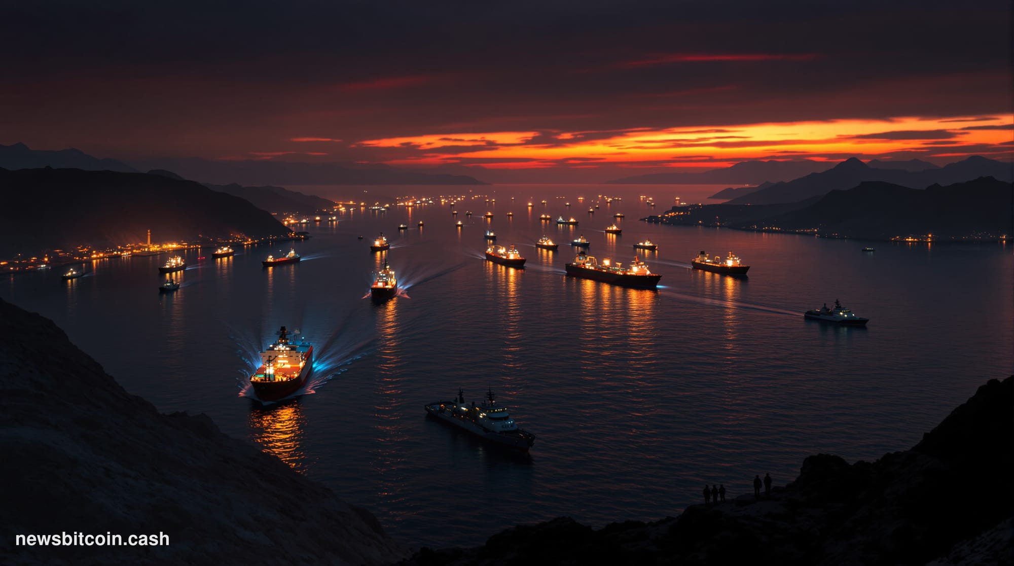 A dramatic cinematic photorealistic editorial photograph capturing the Strait of Hormuz at dusk, with the narrow waterway's s