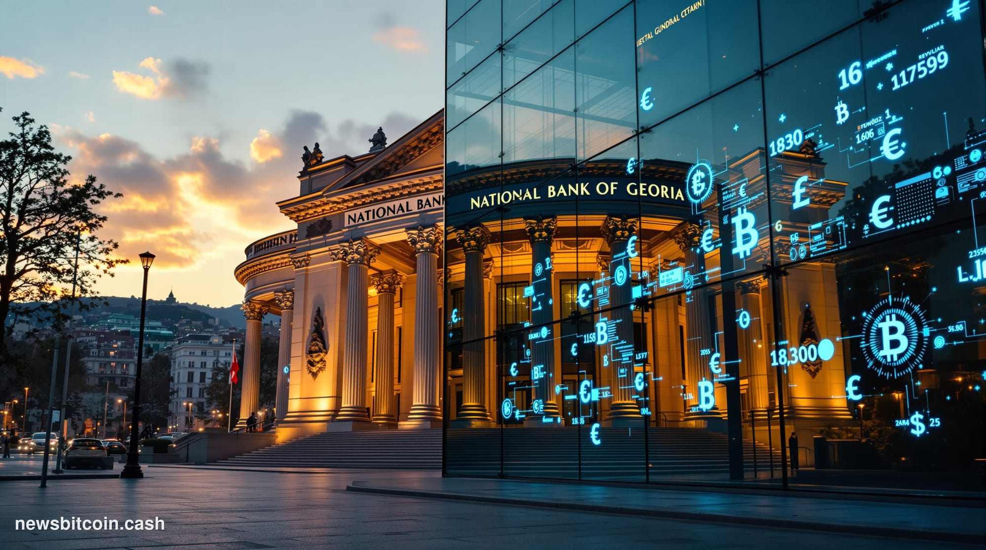 A cinematic photorealistic editorial photograph of the National Bank of Georgia headquarters building in Tbilisi, captured fr