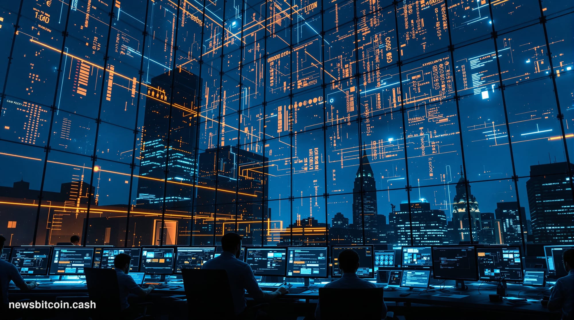 A cinematic photorealistic editorial photograph capturing the intersection of cybersecurity threats and cryptocurrency develo