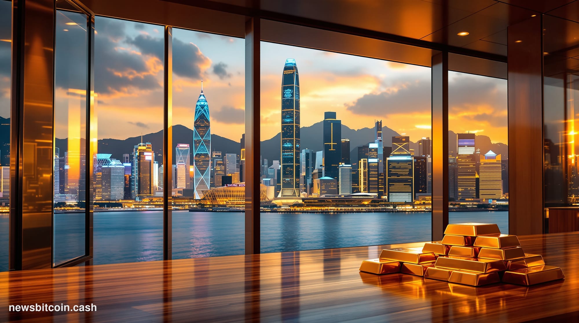 A cinematic photorealistic editorial photograph showing Hong Kong's iconic financial district skyline at golden hour, with gl