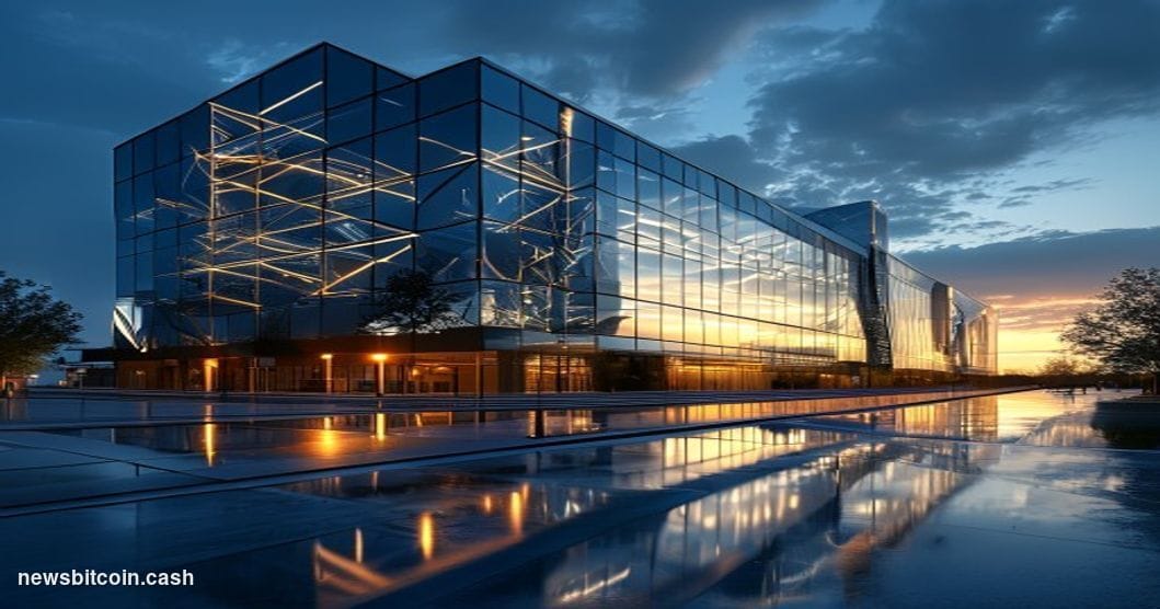 A cinematic photorealistic editorial photograph showing a modern blockchain infrastructure facility with distinctive Cosmos b