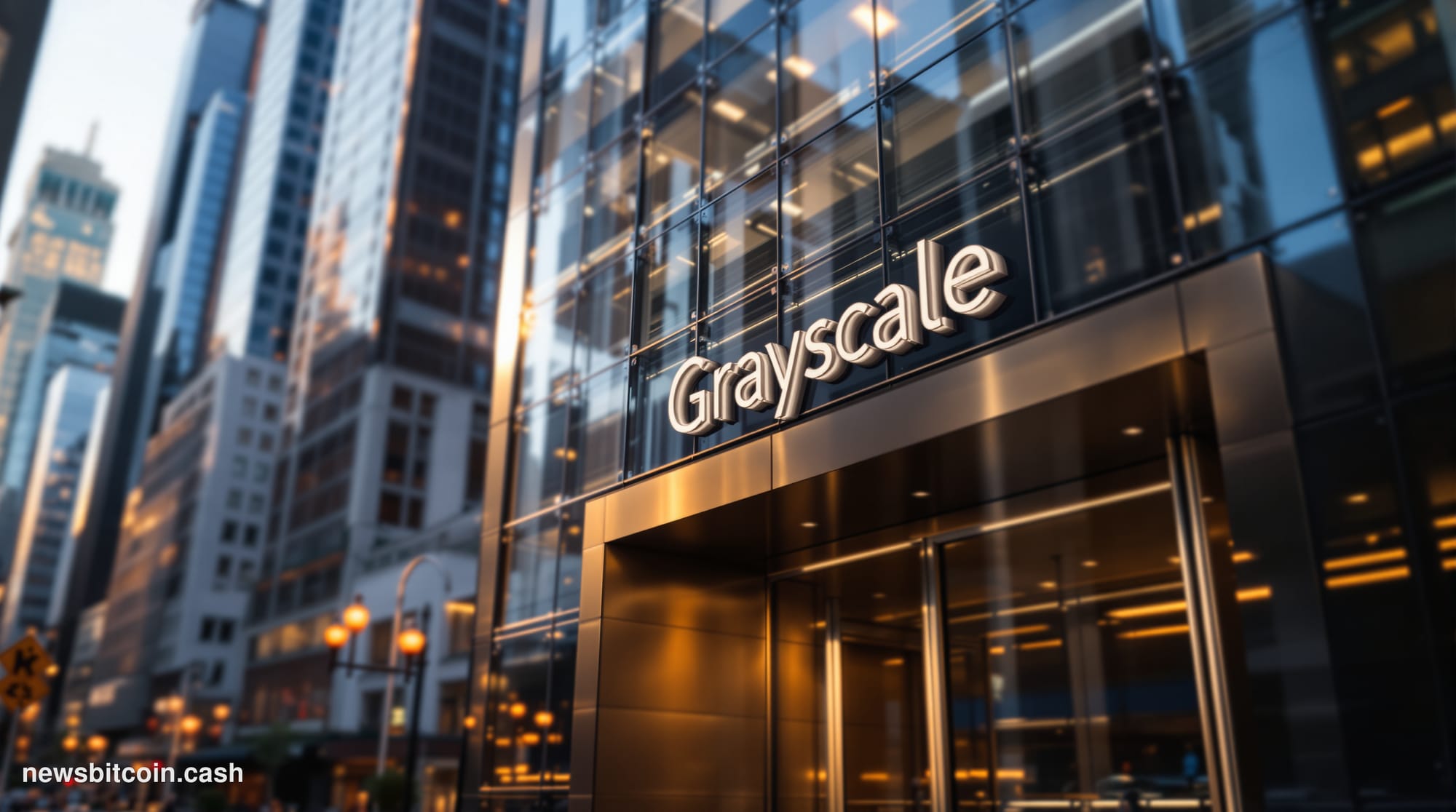 A cinematic photorealistic editorial photograph of the Grayscale Investments office building facade in New York's financial d