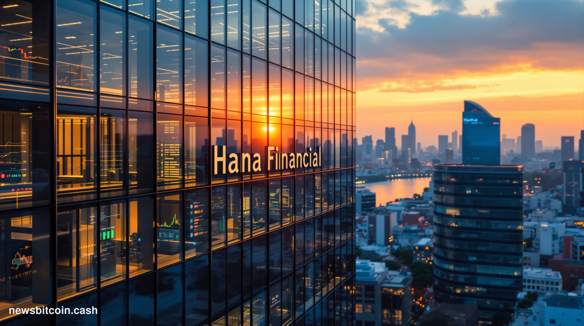 A cinematic photorealistic editorial photograph capturing the intersection of traditional Korean finance and cryptocurrency i