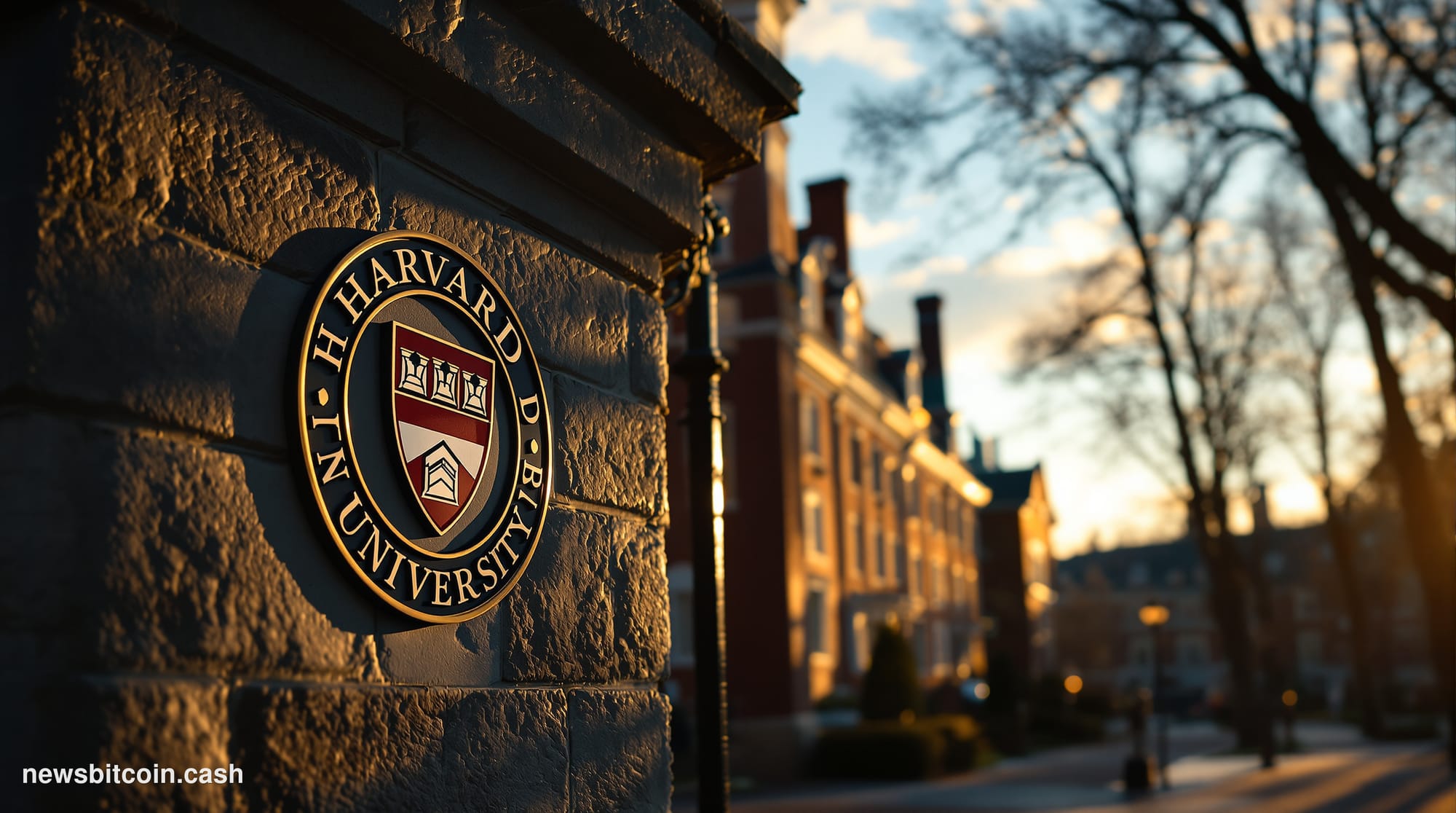 A cinematic photorealistic editorial photograph of Harvard University's historic campus in Cambridge, Massachusetts, shot dur