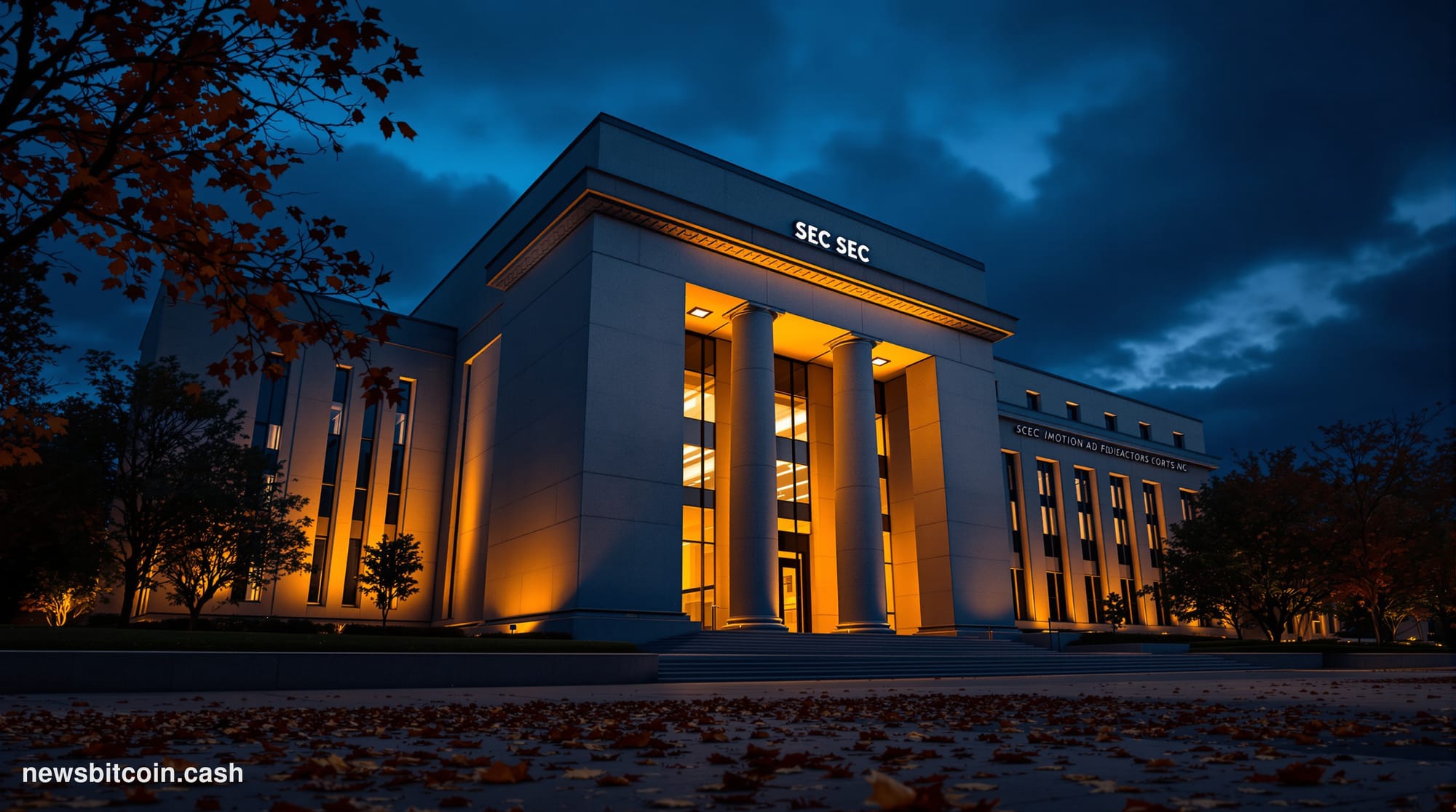 Cinematic photorealistic editorial photograph of the SEC headquarters building in Washington DC at dusk, with the iconic brut