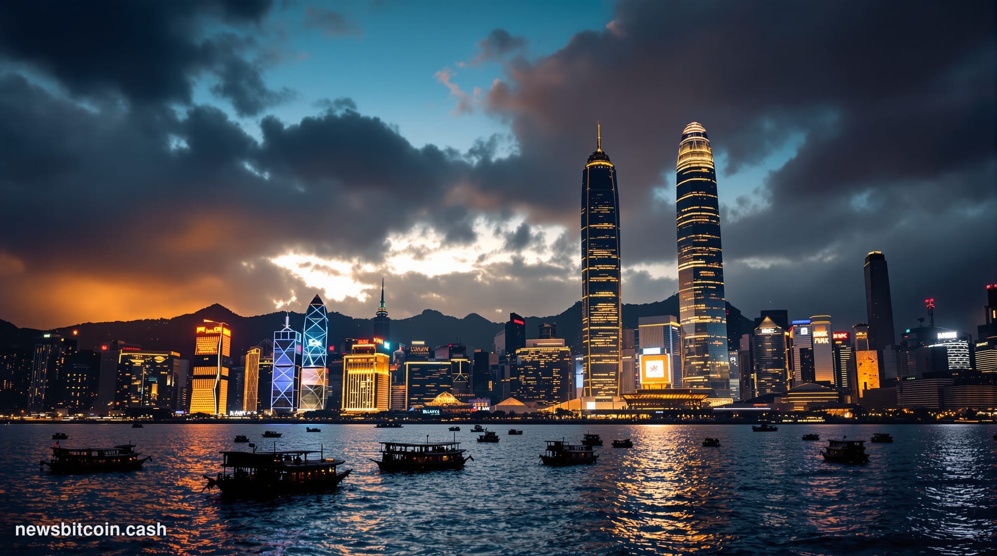 A cinematic photorealistic editorial photograph of Hong Kong's distinctive skyline at dusk, shot from Victoria Harbor with th