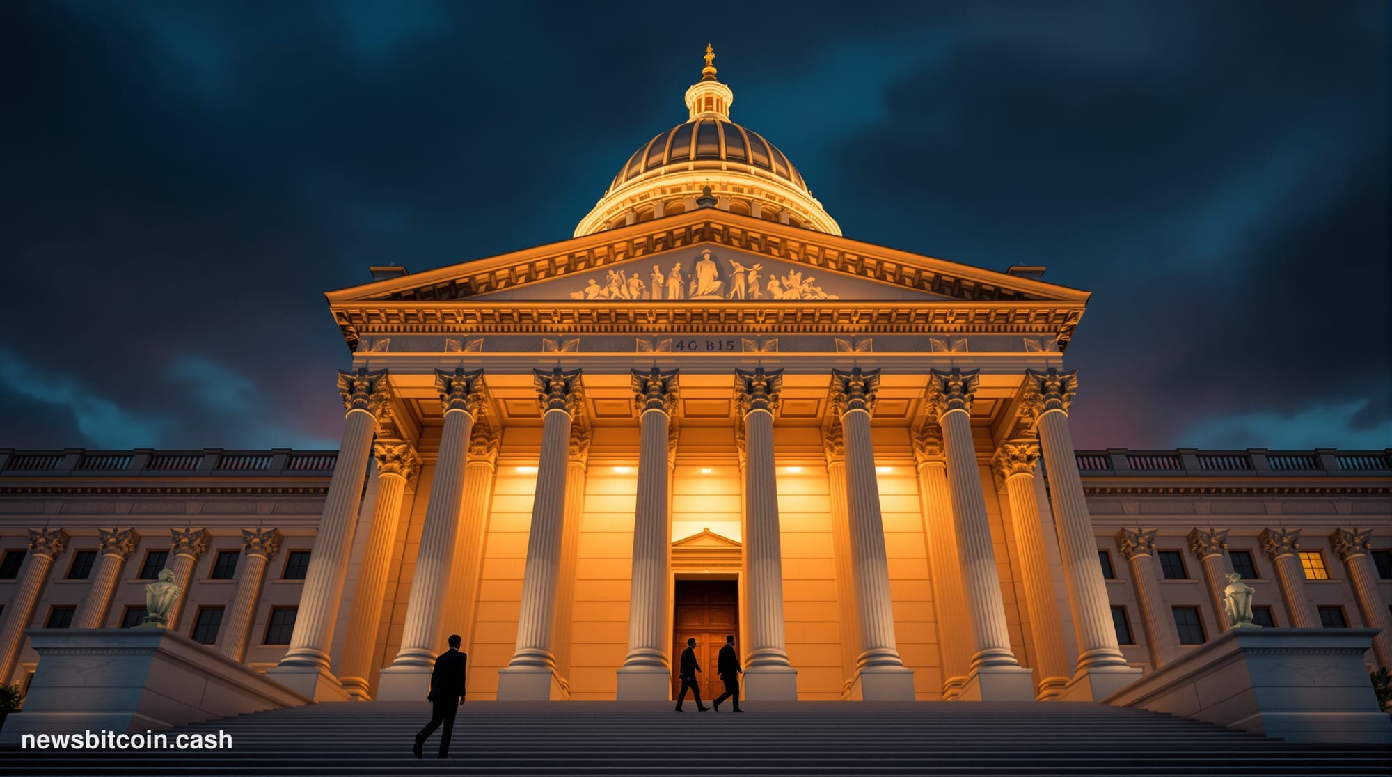 A cinematic photorealistic editorial photograph of the imposing neoclassical facade of the U.S. Capitol building in Washingto