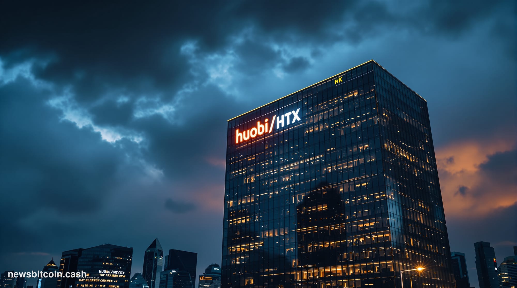 A dramatic cinematic photograph of the Huobi/HTX corporate headquarters building in Singapore's financial district at dusk, w