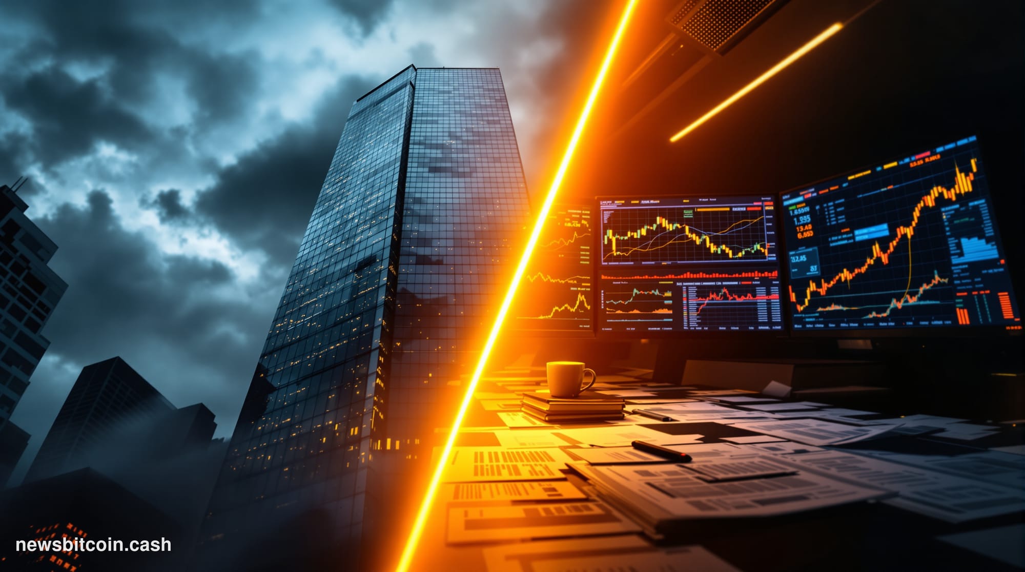 A dramatic split-screen composition showing the regulatory battle between traditional and onchain derivatives markets. Left s