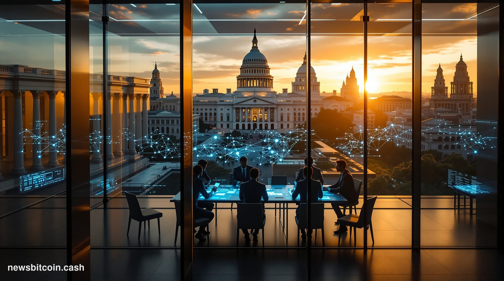 A cinematic photorealistic editorial photograph capturing the intersection of traditional finance and blockchain technology. 